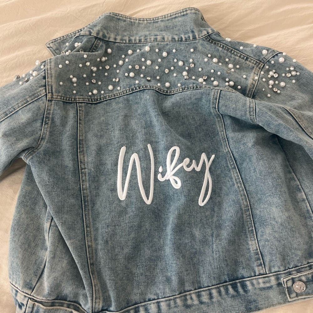Wifey Denim Jacket with Pearl Embellishments